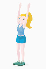 Sports character in the form of a blond girl in a blue T-shirt and mini shorts