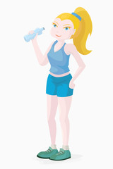 Sports character in the form of a blond girl in a blue T-shirt and mini shorts