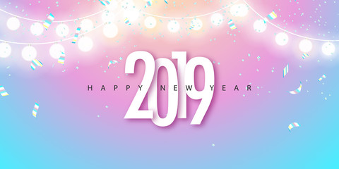 2019 Happy New Year trendy background for holiday greeting card, poster, banner.Garland and falling serpentine.Vector illustration.