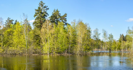 Spring panoramic water landscape of Central Russia.