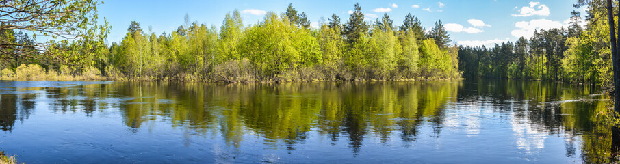 Spring panoramic water landscape of Central Russia.