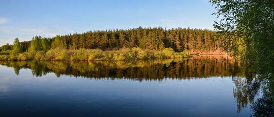 Spring panoramic water landscape of Central Russia.