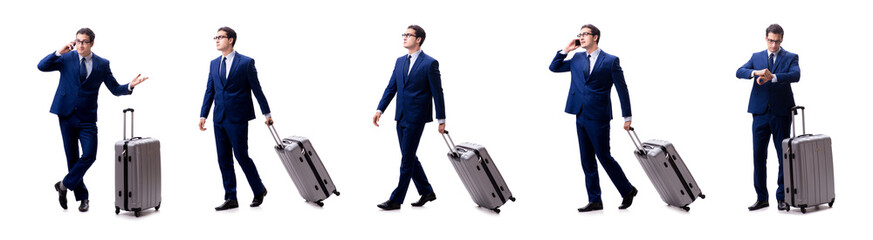 Young businessman with suitcase isolated on white background