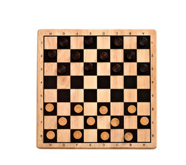 wooden checkerboard with checkers spaced isolated on white