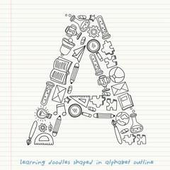 Set of hand drawn kid learning doodles shaped in alphabet : Vector Illustration