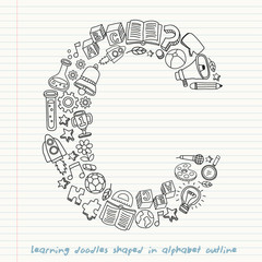 Set of hand drawn kid learning doodles shaped in alphabet : Vector Illustration