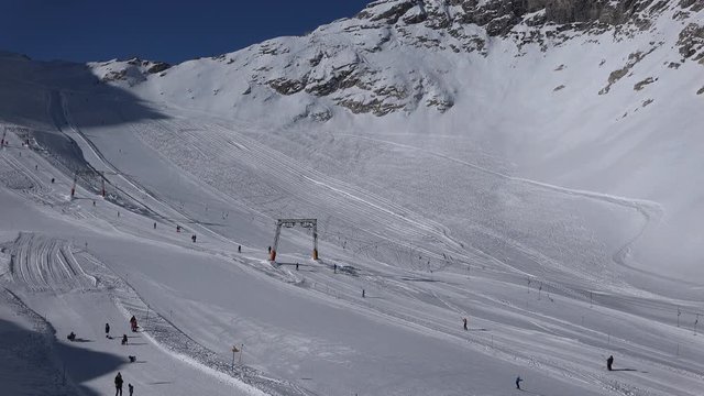 The upper part of the ski resort Zugspitze as seen from the Zugspitzplatt, central hub for all skiing lifts and the Zugspitz train glacier station.