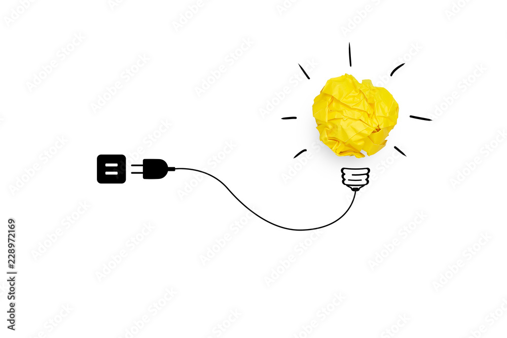 Wall mural creative idea, inspiration, new idea and innovation concept with yellow crumpled paper light bulb, w