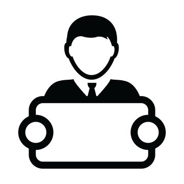 recommend clip art: Campaign icon vector male person profile avatar symbol with signboard for advertising in glyph pictogram illustration