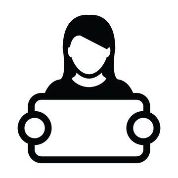 recommend clip art: News icon vector female person profile avatar symbol with signboard for advertising campaign in glyph pictogram illustration
