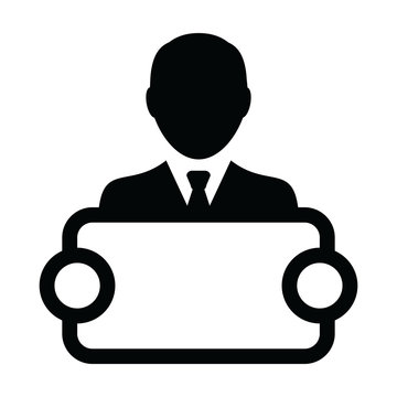 recommend clip art: Advertising icon vector male person profile avatar symbol with signboard for campaign in glyph pictogram illustration