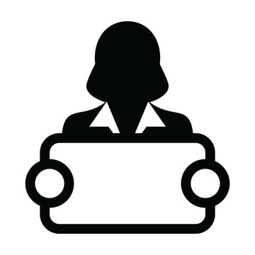 recommend clip art: Marketing icon vector female person profile avatar symbol with signboard for advertising campaign in glyph pictogram illustration