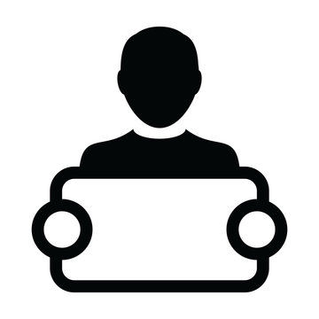 recommend clip art: Media icon vector male person profile avatar symbol with signboard for advertising campaign in glyph pictogram illustration
