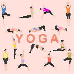 yoga pose mountain downward dog warrior tree bridge triangle  cobra pigeon crow child's female fitness girl gym energy vector illustration