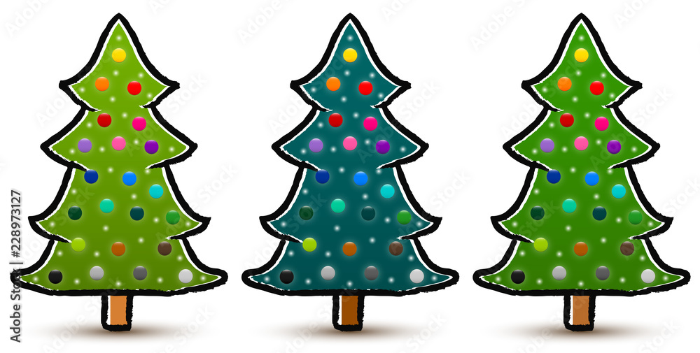 Poster Set of drawn abstract coniferous trees decorated with colorful baubles isolated on white background. Three shades of green. Vector EPS 10