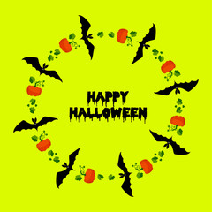 Scary vampire bat, vector illustration. Happy halloween lettering, green and purple colors.