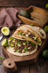 Homemade minced beef tortilla, fresh avocado and mozarella cheese