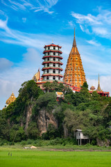 Fototapeta premium Big golden Buddha in Wat Tham Suea,Kanchanaburi. The thai temple in rice field.