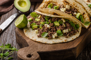 Homemade minced beef tortilla, fresh avocado and mozarella cheese