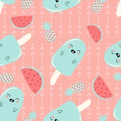 Gordijnen Naadloze herfst vector pattern drawing blue ice cream slices of watermelon and pineapple on a pink background with a texture  © Lana