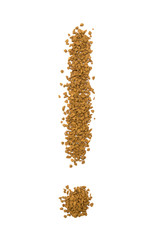 Dry granules of instant coffee in the shape of an exclamation mark - brown texture
