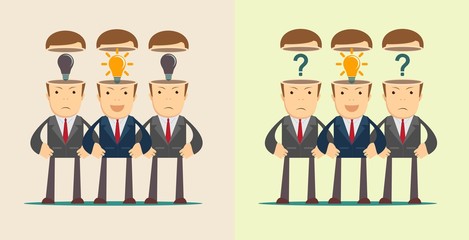 Leadership concept with crowd of businesspeople with question marks and red exclamation mark in the open heads on background