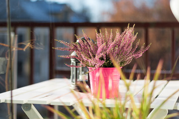 A flower in a pot and a small candlestick on a white table. Decorative flower in a pot. A beautiful decoration element. 
