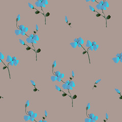 Floral seamless pattern. Classic blooming leaves, spring decorative floral, seamless texture. Fashion template for design of clothes, small wild blue flowers on the beige background. Watercolor vector