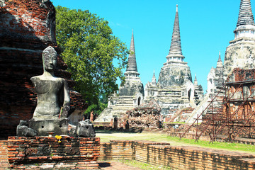 Ancient Buddha statues at Wat Mahathat, Buddhist temple complex in Ayutthaya near Bangkok. Thailand