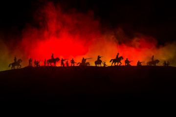 American Civil War Concept. Military silhouettes fighting scene on war fog sky background. Attack scene.