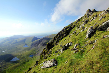 Snowdonia National Park  Landscape with hills and mountains in summer. Photographed in Wales, United Kingdom