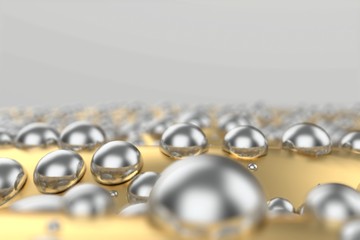 Silver or white gold platinum spheres over metal yellow wave background. Modeling 3d illustration. wealth rich mining bitcoin concept with copyspace for your text . Money growing business finance