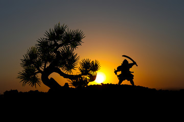 Fototapeta na wymiar Fighter with a sword silhouette a sky ninja. Samurai on top of mountain with tree on sunset background.