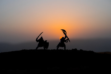 Fototapeta na wymiar Medieval battle scene on sunset. Silhouettes of fighting warriors on sunset background.
