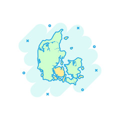 Vector cartoon Denmark map icon in comic style. Denmark sign illustration pictogram. Cartography map business splash effect concept.