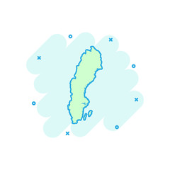 Vector cartoon Sweden map icon in comic style. Sweden sign illustration pictogram. Cartography map business splash effect concept.