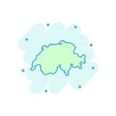 Vector cartoon Switzerland map icon in comic style. Switzerland sign illustration pictogram. Cartography map business splash effect concept.