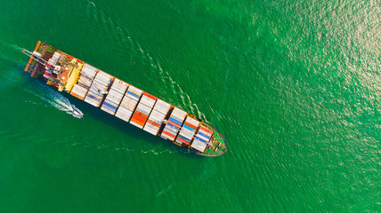 Logistics and transportation of Container Cargo ship and Cargo import/export and business logistics,Aerial view from drone
