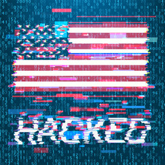 Inscription Hacker against the background of the American flag in style glitch with computer code. Concept of breaking of the American system of safety. Vector illustration