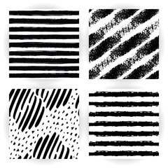 Set seamless pattern with black and white striped. Grunge style. Hand-drawn stripes, brush strokes, stars. Beautiful vector fashionable floral exotic background.