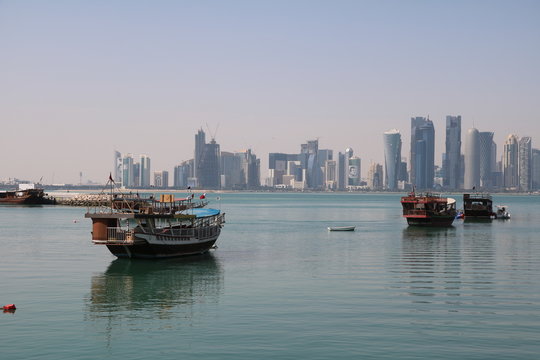 Skyline and Doha Museum of Islamic Art in Emirate of Qatar