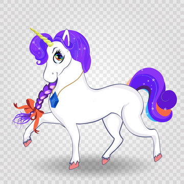 Beautiful cartoon walking unicorn with purple braid and ribbon on transparent background.