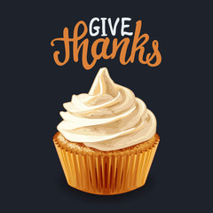 Happy Thanksgiving pumpkin cupcakes with calligraphy quotes Vector illustration