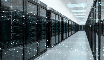 Server room center exchanging cyber datas 3D rendering