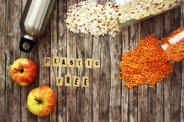 zero waste food products on wooden background table