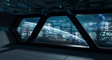 Plakat Dark spaceship interior with control panel digital screens 3D rendering