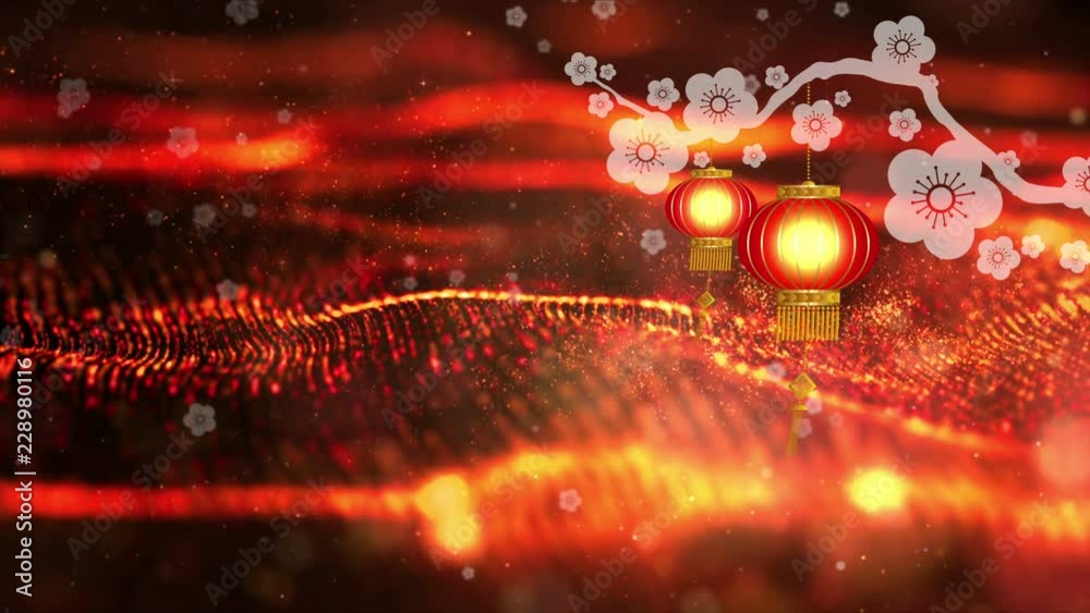 Poster chinese new year also known as the spring festival. digital particles loop background with chinese o