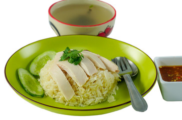 Hainanese chicken rice on a white background , Clipping Path