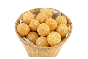 Traditional asian dessert, sesame ball in basket on white background , save with Clipping Path