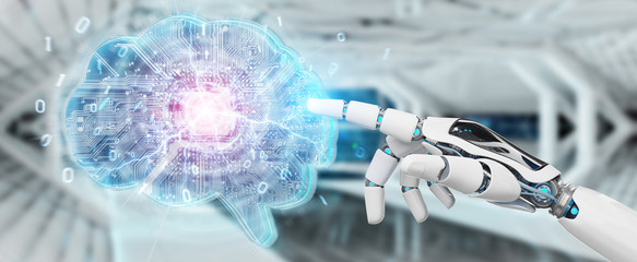 Robot creating artificial intelligence in a digital brain 3D rendering